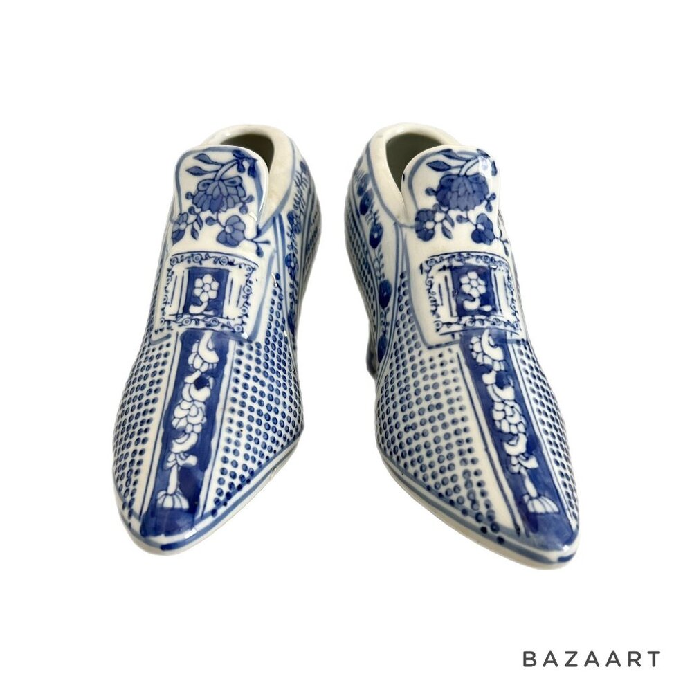 Blue & White Ceramic Dutch Delftware Shoe Figurines With Floral Pattern